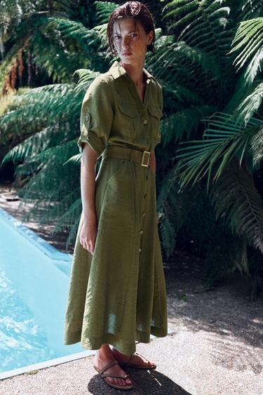 BELTED MIDI SHIRT DRESS - Khaki by Zara