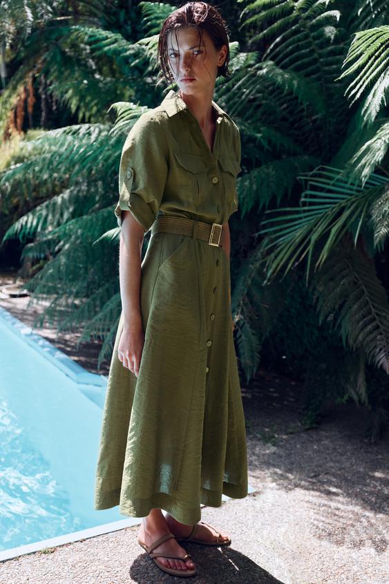 BELTED MIDI SHIRT DRESS - Khaki by Zara - Image 0