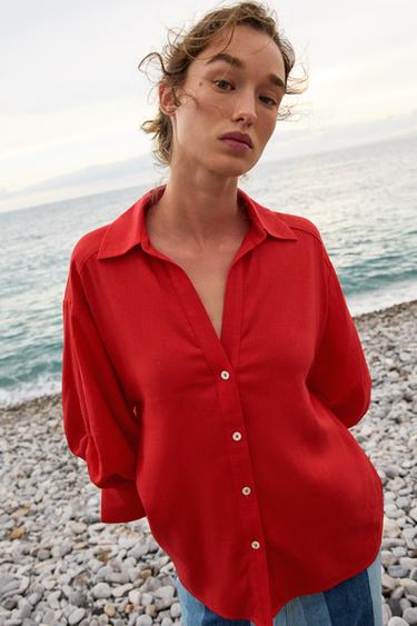 LINEN BLEND PUFF SLEEVE SHIRT - Red by Zara