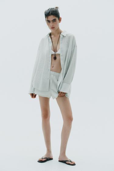 OVERSIZE STRIPED GAUZE SHIRT - White / Green by Zara