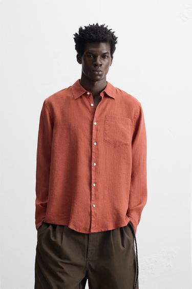 100% LINEN SHIRT - Red / Orange by Zara