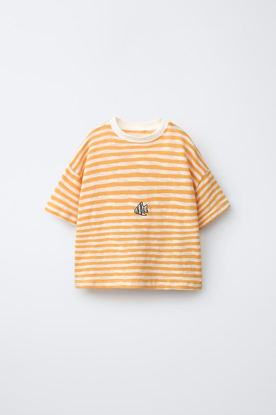 STRIPED EMBROIDERED T-SHIRT - Yellow by Zara - Image 0