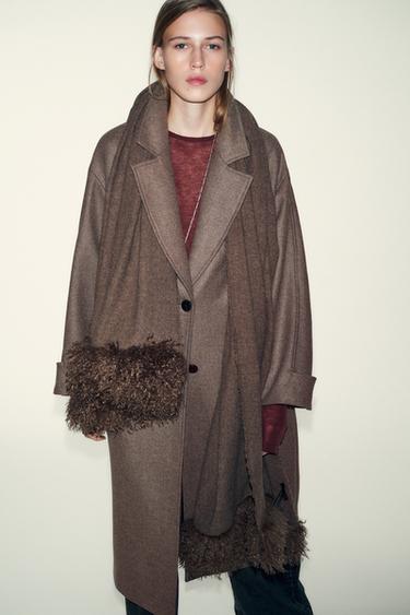 WOOL SCARF WITH FAUX FUR - Brown / Taupe by Zara - Image 0