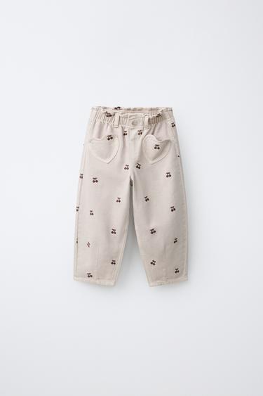 BAGGY TWILL TROUSERS WITH EMBROIDERED CHERRIES - Beige by Zara
