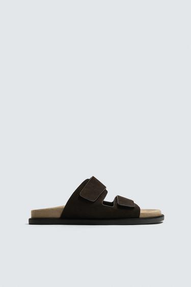 DOUBLE STRAP LEATHER SANDALS - Chocolate by Zara