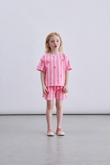 STRIPED BERMUDA SHORTS AND T-SHIRT SET WITH EMBROIDERED FLOWERS - Pink by Zara