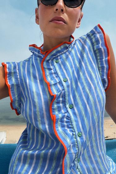 STRIPED RUFFLED SHIRT - Blue by Zara