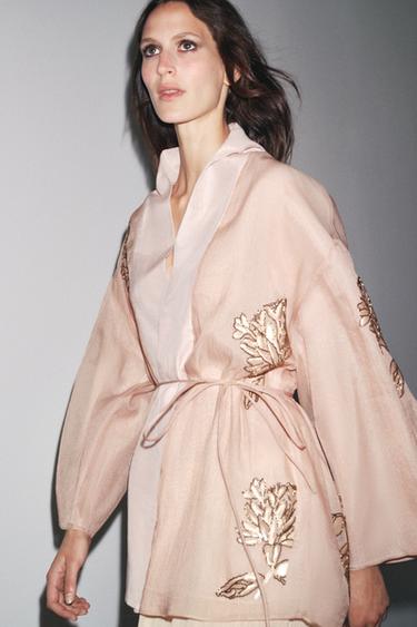 SHORT SILK KIMONO WITH BEADS - Pink by Zara