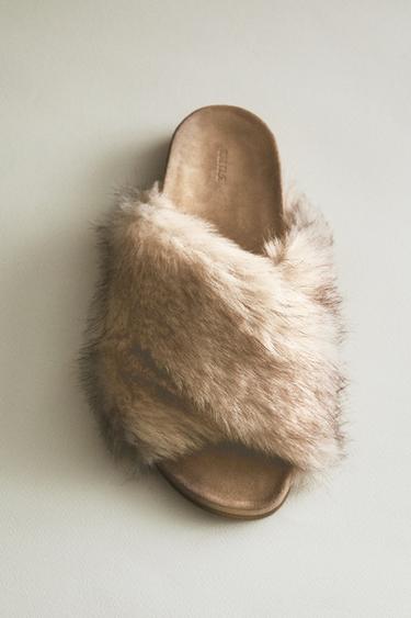 FAUX FUR CRISS-CROSS SANDALS - Beige by Zara