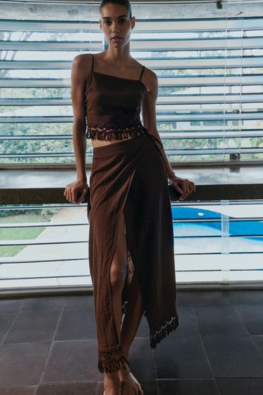 FRINGED PAREO MIDI SKIRT - Brown by Zara - Image 0