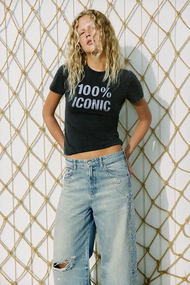 WASHED RHINESTONE SLOGAN T-SHIRT - Anthracite grey by Zara