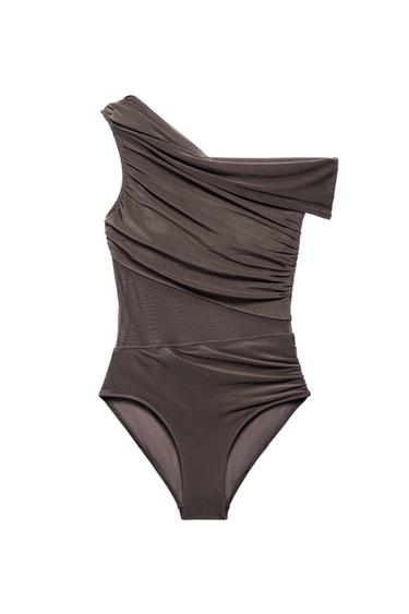 ASYMMETRIC TULLE CUT-OUT SWIMSUIT - Grey by Zara