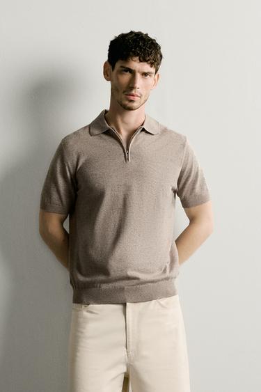 REGULAR FIT KNIT ZIP POLO SHIRT - Ecru / Marl by Zara