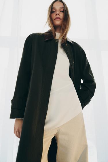 CONTRAST LEATHER COLLAR TRENCH COAT ZW COLLECTION - Grey green by Zara
