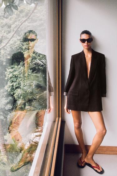 BLAZER WITH LINEN ROLLED-UP SLEEVES - Dark brown by Zara