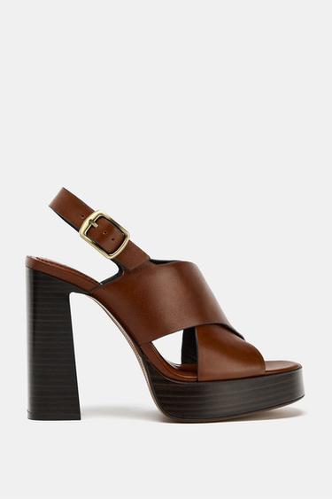 LEATHER HEELED SANDALS - Brown by Zara
