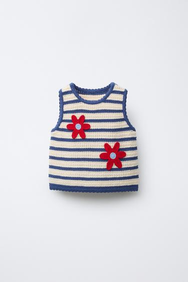 STRIPED FLORAL KNIT TOP - Ecru / Blue by Zara