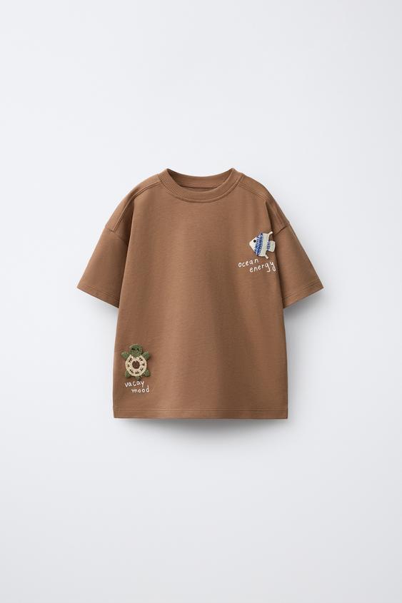 CROCHET PATCH T-SHIRT - Light brown by Zara - Image 0