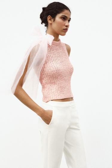 KNIT TOP WITH ORGANZA BOW - Pink by Zara