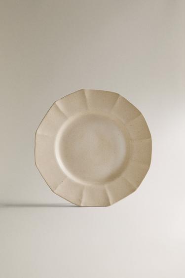 STONEWARE DESSERT PLATE WITH RAISED LINE BORDER DESIGN - Sand by Zara