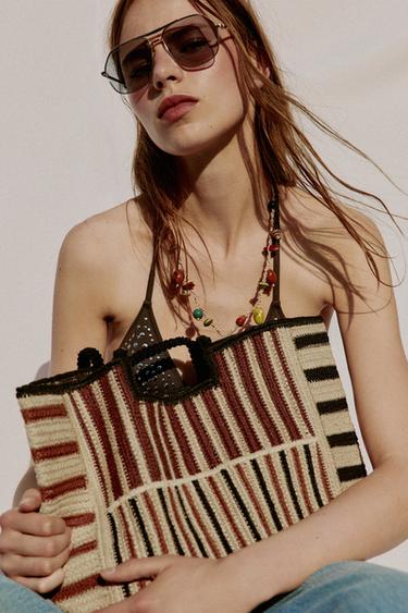 STRIPED BRAIDED JUTE BAG - camel by Zara