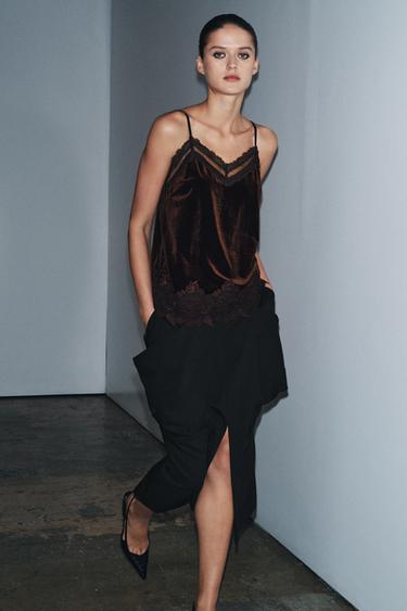 VELVET LACE CAMISOLE TOP - Dark brown by Zara