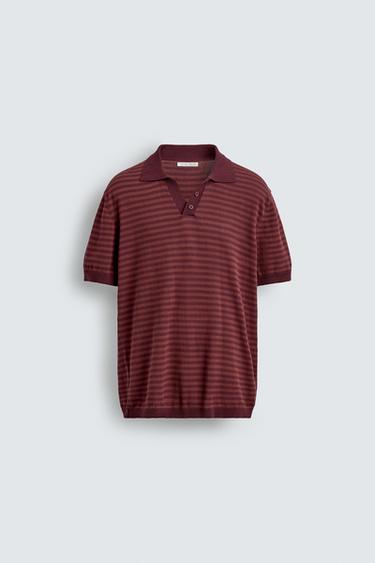 STRIPED JACQUARD KNIT POLO SHIRT - Burgundy by Zara