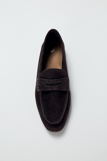 TOPSTITCHED SPLIT SUEDE LOAFERS - Chocolate Brown by Zara