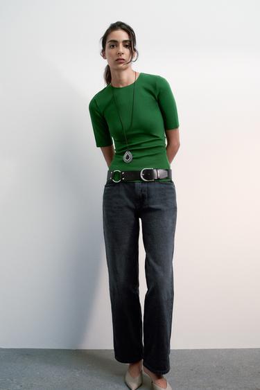 GATHERED INTERLOCK T-SHIRT - Green by Zara