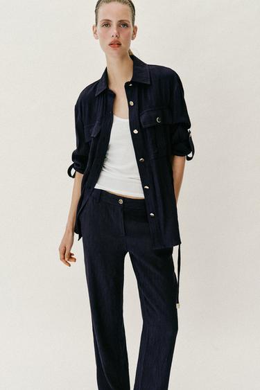 CREASED-EFFECT SAFARI SHIRT WITH BELT - Navy blue by Zara