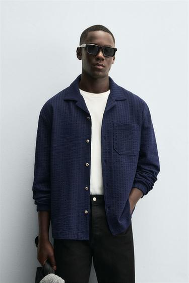COMFORT SEERSUCKER OVERSHIRT - Navy blue by Zara