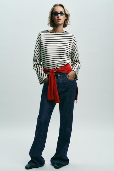 STRIPED BATWING SLEEVE JUMPER - Black / White by Zara