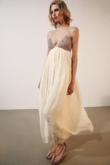 ZW COLLECTION MIDI BEADED DRESS - Ecru by Zara