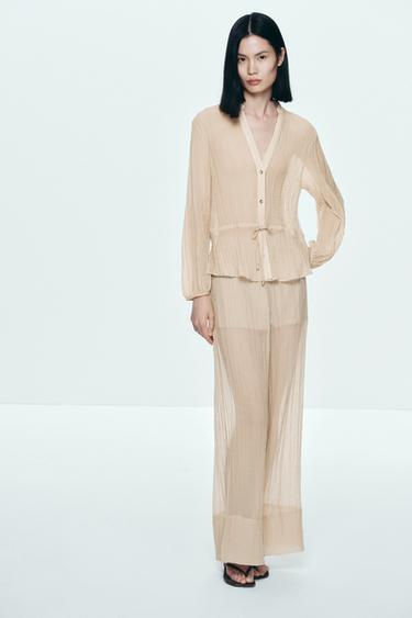 WIDE SEMI-SHEER CREASED-EFFECT TROUSERS - Light beige by Zara