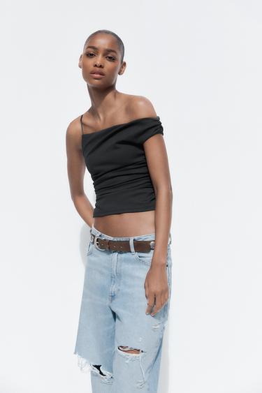 ASYMMETRIC RUFFLED TOP - Black by Zara