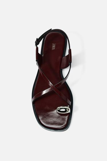 STRAPPY FLAT SLIDER SANDALS WITH METAL EMBELLISHMENT - Burgundy Red by Zara