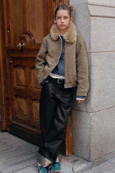 CHECKED BOMBER JACKET WITH FAUX FUR COLLAR - Light beige by Zara