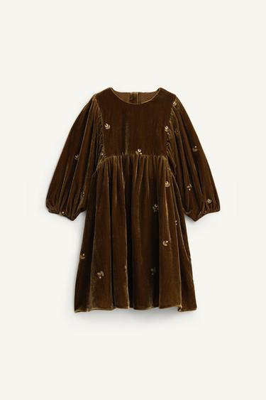 LIMITED EDITION VELVET DRESS WITH EMBROIDERED FLOWERS - Mid-green by Zara