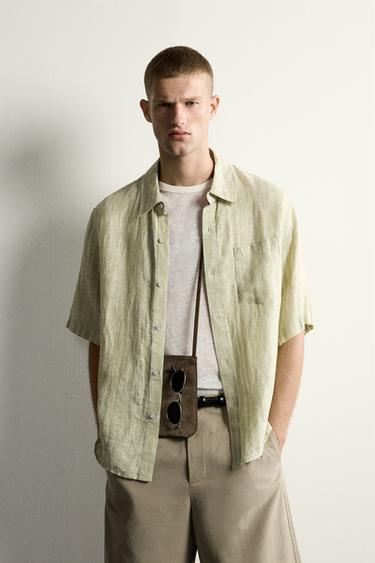 100% LINEN JACQUARD STRIPED SHIRT - Light green by Zara