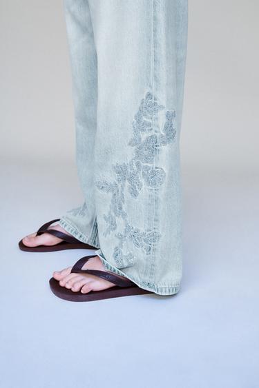 WIDE-LEG JEANS WITH EMBROIDERED RHINESTONE FLOWERS - Blue by Zara