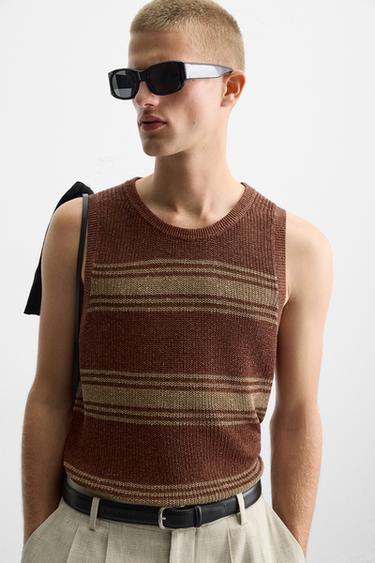 LINEN-VISCOSE KNIT TANK TOP - Brown by Zara