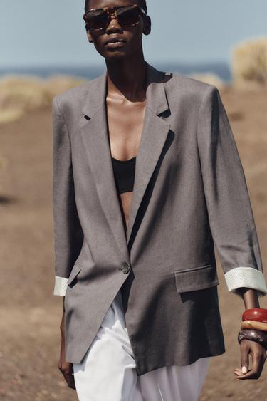 LINEN BLAZER WITH PRINTED CUFFS - Anthracite grey by Zara