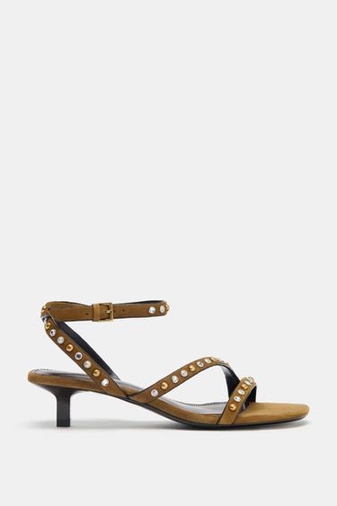 SPLIT SUEDE STUDDED KITTEN HEEL SANDALS - Olive Green by Zara