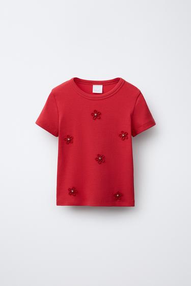 RIBBED T-SHIRT WITH JEWEL APPLIQUÉ - Red by Zara