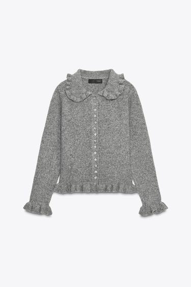 KNIT CARDIGAN WITH RUFFLE TRIMS - Grey by Zara
