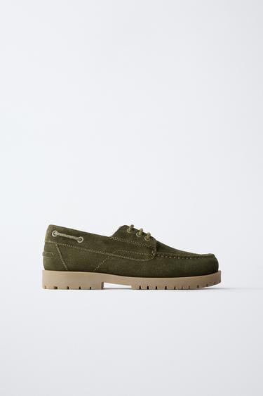 LEATHER DECK SHOES - Khaki Green by Zara