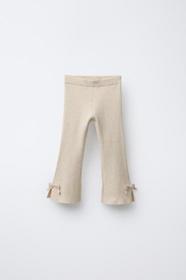 RIBBED KNIT LEGGINGS WITH BOWS - Light beige by Zara - Image 0