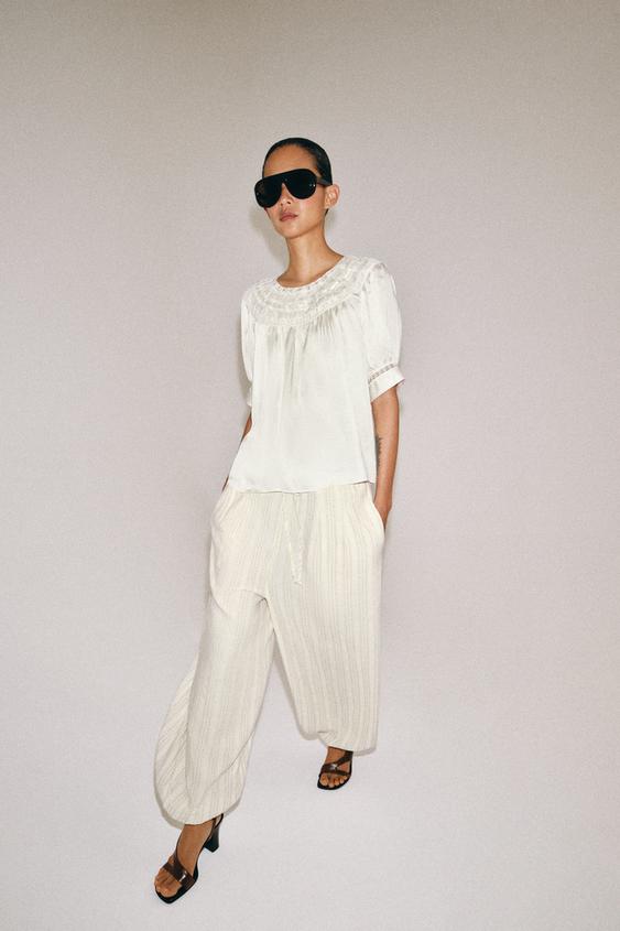 ZW COLLECTION STRIPED SAROUEL TROUSERS - Ecru by Zara - Image 0