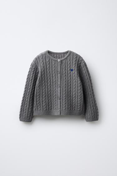 CABLE KNIT CARDIGAN WITH WOOL EMBROIDERY - Taupe grey by Zara