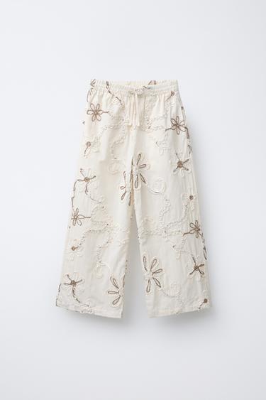 STRAIGHT FIT TROUSERS WITH EMBROIDERED FLOWERS - Oyster-white by Zara - Image 0